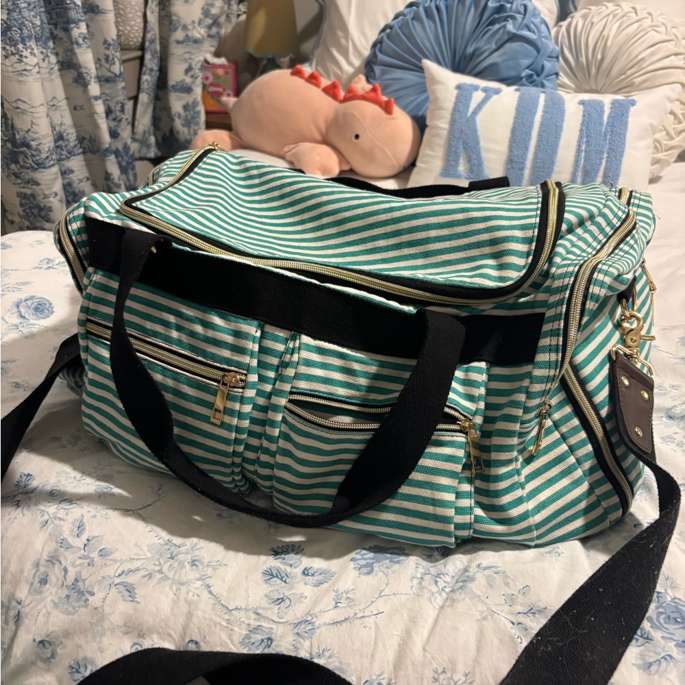 Teal and White Striped Duffel Bag